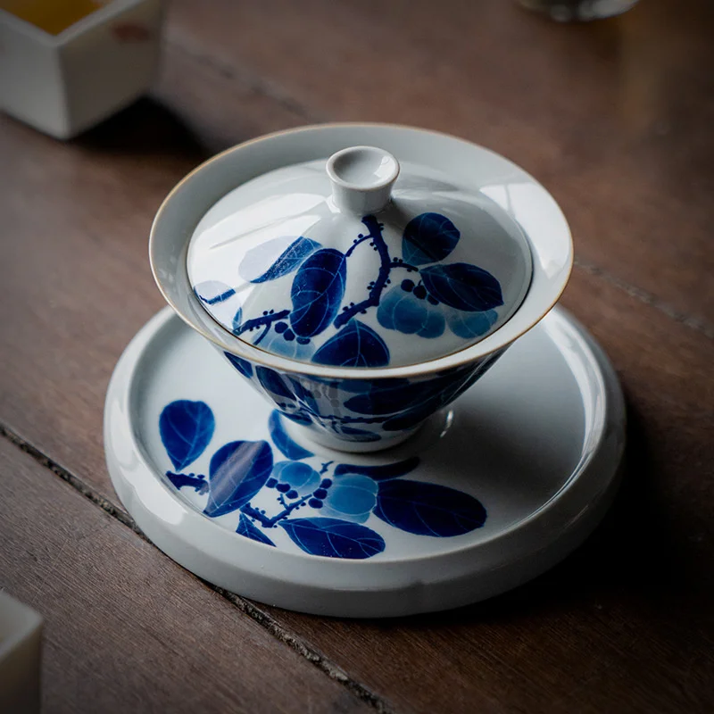 100ml Pure Handpainted Persimmon Ceramic Tea Tureen Blue And White Covered Bowl With Cover Tea Maker Gaiwan Kung Fu Tea Ceremony