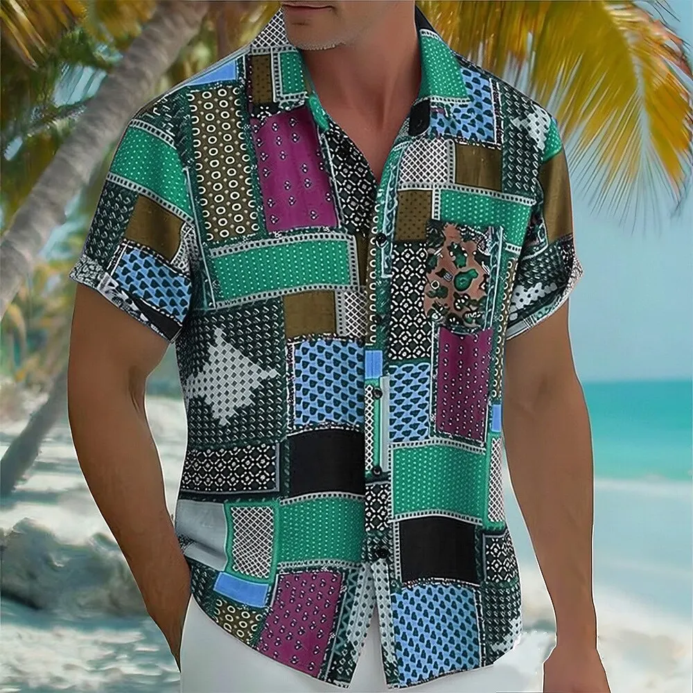 Men's Color Block Patchwork Boho Shirt Button Up Short Sleeve Vintage Casual Beach Vacation Turndown 3D Print Shirt Red Green
