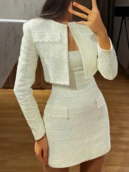 Mozision Pearl Dress Sets Women Autumn Long Sleeve Coat And Mini Dress Two Piece Sets Femme Sexy Strapless Dress Matching Sets