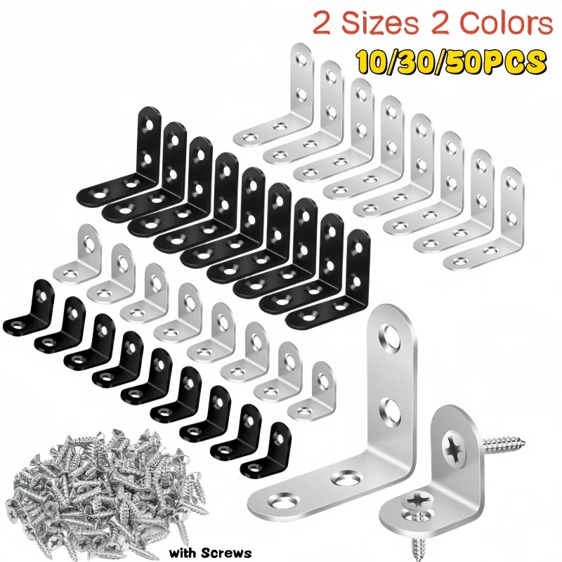 Staffe a L in acciaio inossidabile nero da 30/50 pezzi con vite 90 °   Supporto angolare ad angolo retto per scaffali, mobili in legno, sedie, cassetti, armadietti