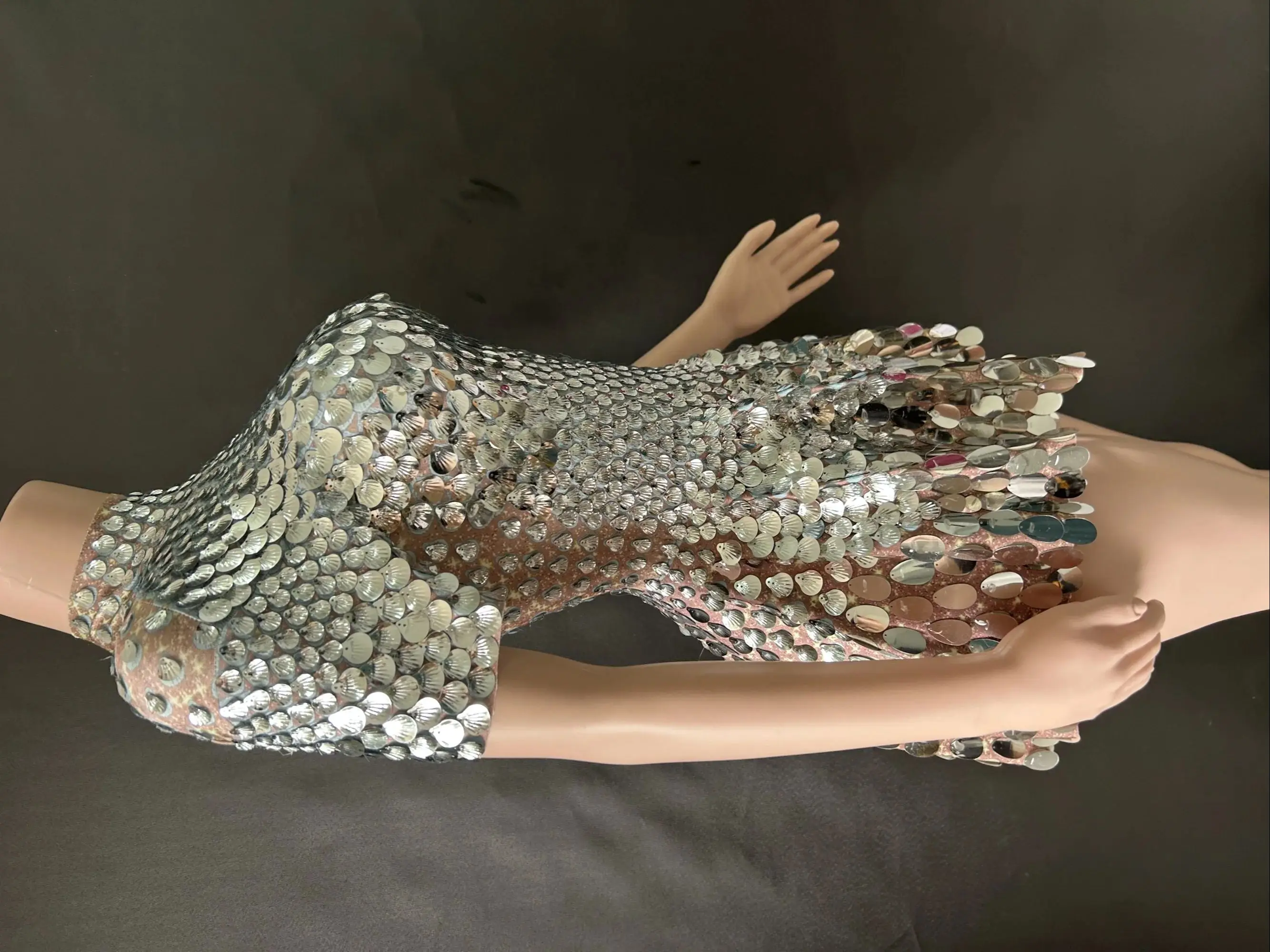 

Nightclub Leotard Shining Lovely SequinsMini Dress Costume Celebrate RhinestoneBodysuit Birthday Silver Dresses