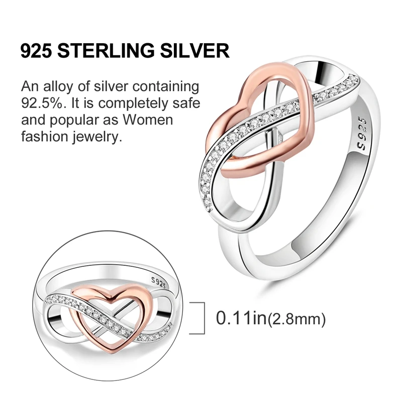 Beautiful 925 Sterling Silver Infinite & Hollow Heart Coupled Double Pattern Ring For Women\'s Exquisite Jewelry