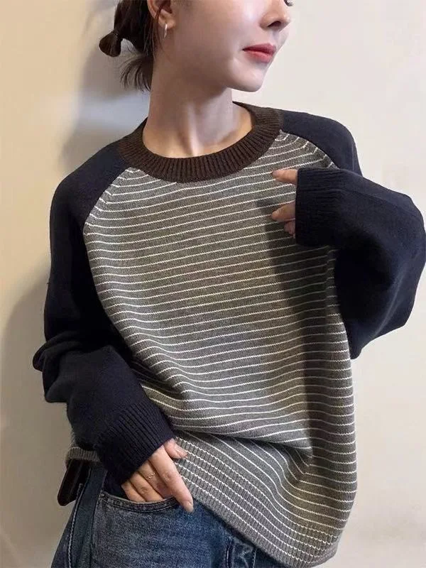 Prendas De punto, nuevo suéter De punto a rayas De manga larga, jerséis para Mujer, suéter De punto con cuello redondo, Jersey, Tops para Mujer, Sueters De Mujer Q2052