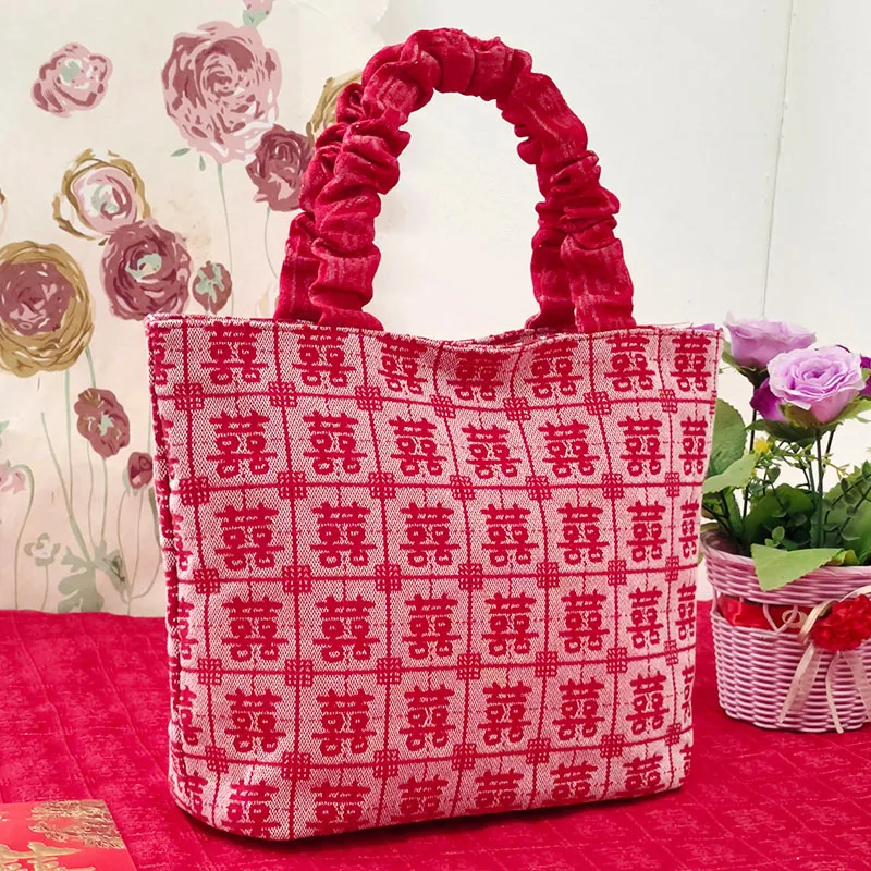 Red Wedding Bridal Bag Women's Handbag Maidsmaid's Bag Happiness Character Bag Tote Bag Soft Handle Zipper Closure Hobo Style