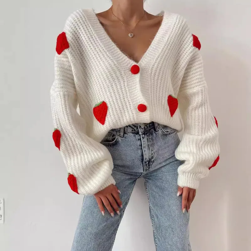 3D Heart Embroidered Long Sleeved Women's Jacket Fashionable V Neck Single Breasted Slim Fit Cardigan Casual Versatile Sweater