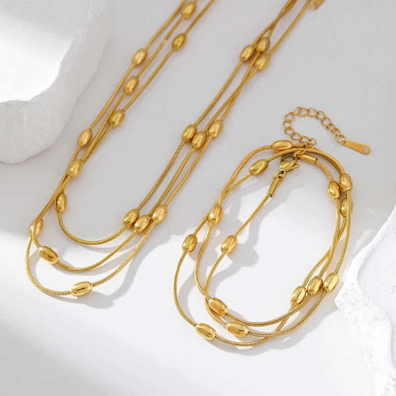 GANEMLY 316L Stainless Steel Multilayer Wearing Chain Necklace Bracelet Set For Women New Trendy Gold Color Waterproof  Jewelry