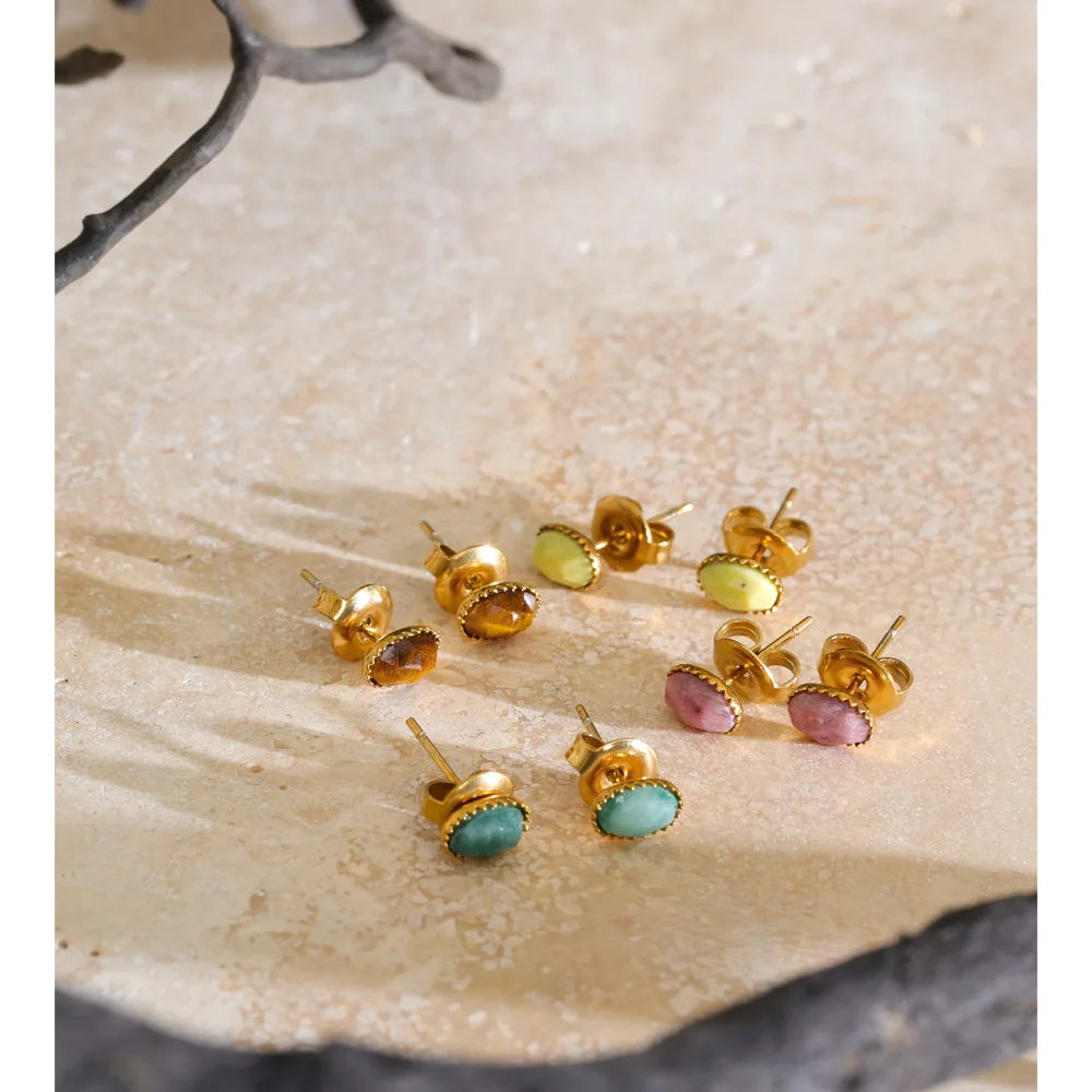Yhpup 2026 Natural African Jade Rhodochrosite Tiger Stone Small Stud Earrings Stainless Steel Korean Exquisite Jewelry