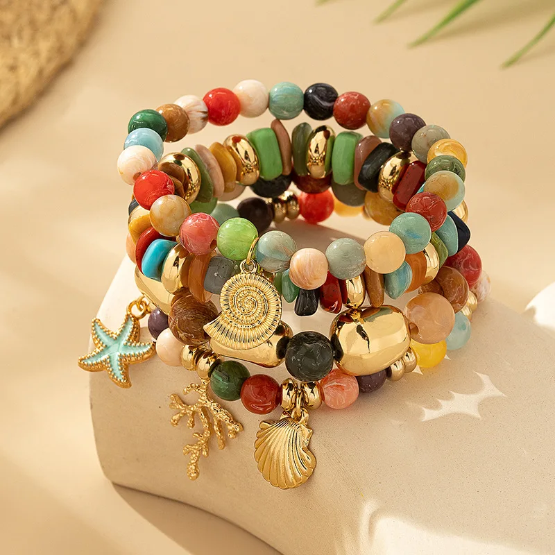 4 Pieces/1 Set Popular Bohemian Style Bangle Starfish Shell Coral Snail Pendants Multi-layer Elastic Rope Beaded Bracelet