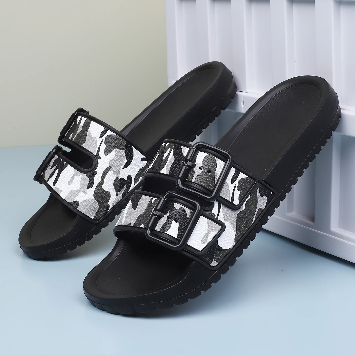 Summer Fashion Camouflage Slippers With Double Buckles For Men Outdoor Slide Sandals Non-skid Indoor Home house Beach