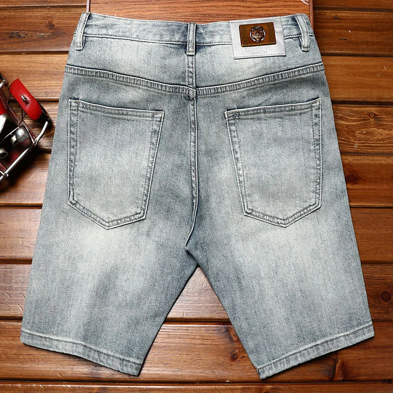 Summer Retro denim shorts men's patch slim stretch fashion Korean style trends personality street motorcycle shorts