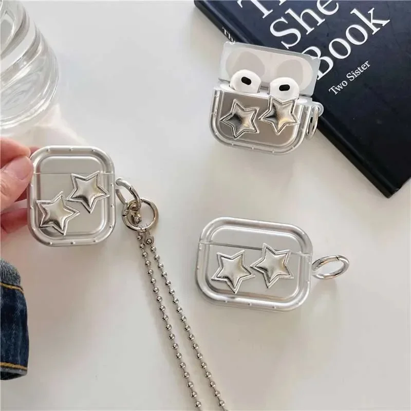 Luxury silvery 3D Star Earphone Case For Airpods 3 Cover Cross chain Bracelet Pendant For Apple For Airpod 1 2 Pro 2 Fundas