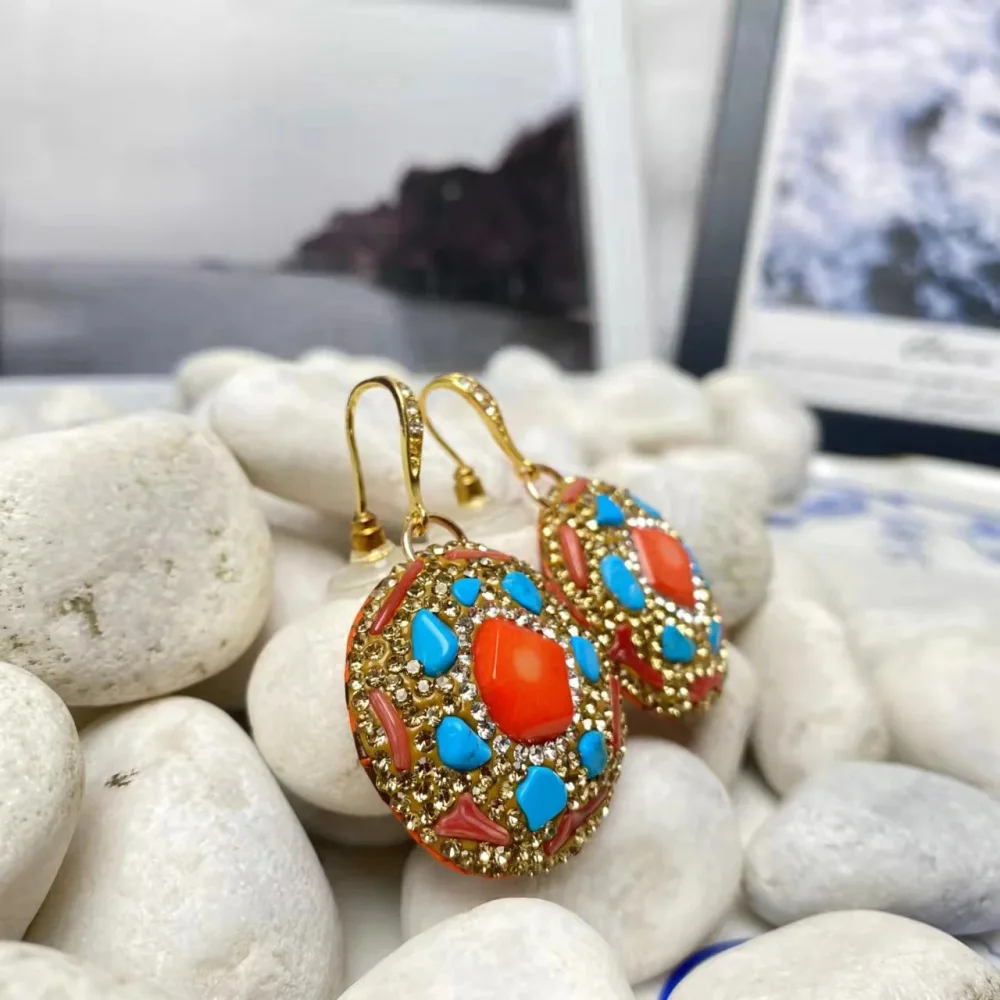 New Optimized Sea Bamboo Coral Women'S Earrings Inlaid With Rhinestones And Turquoise Handmade Exquisite Jewelry For Ladies