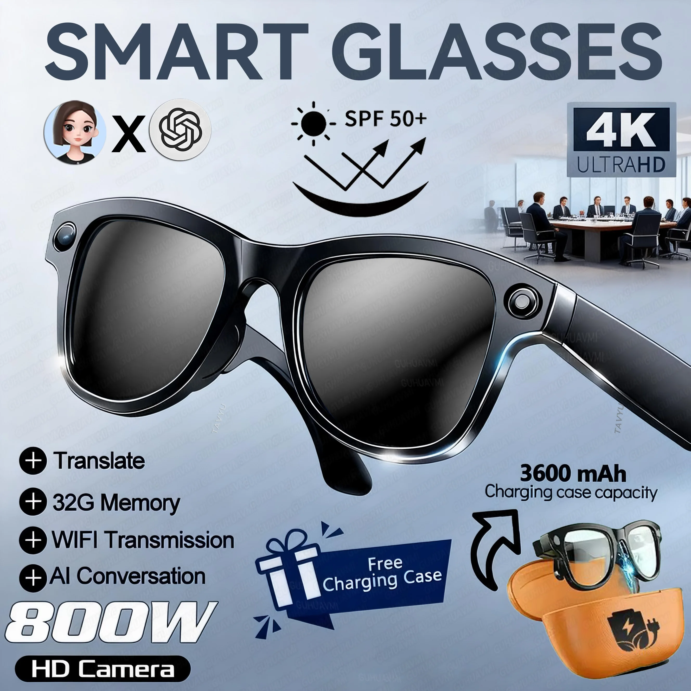 2026 Smart AI Glasses 4K 800W Camera 3600mAh Power Bank 32GB Memory 120+ Translation ChatGPT Music Photos &Video Sunglasses Men image 3