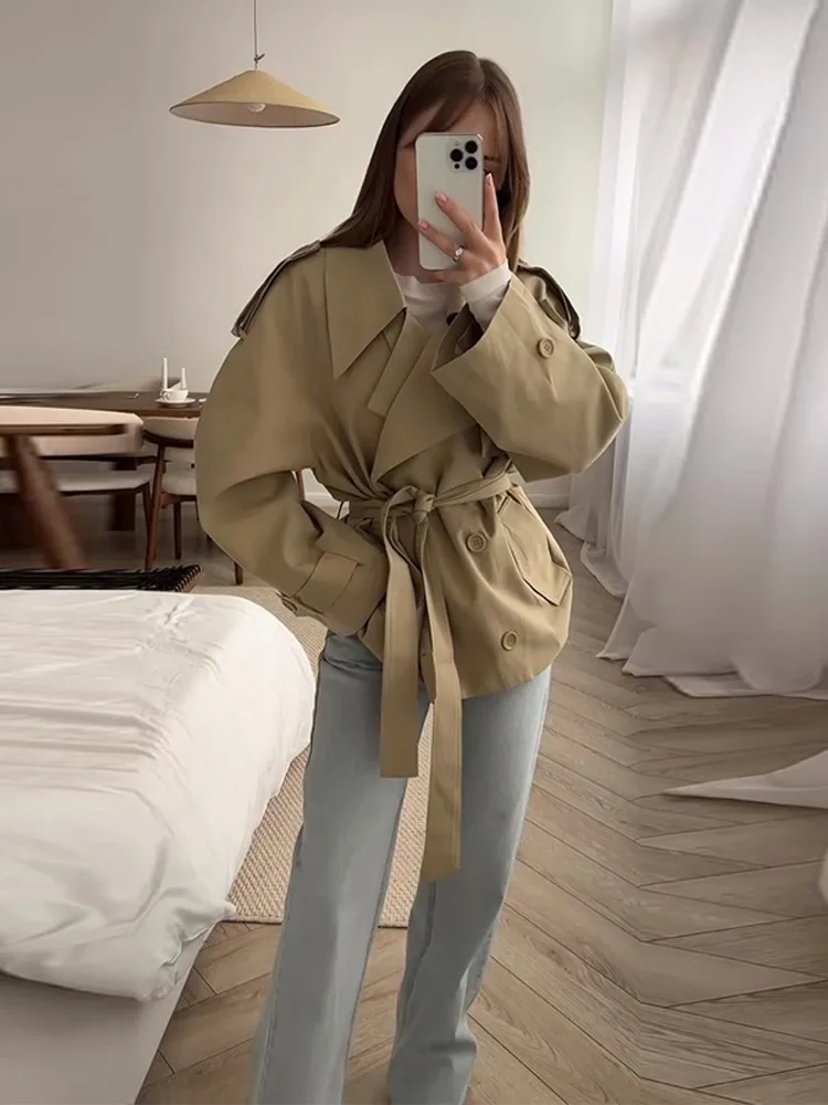 Fashion Lace Up Ruches Trenchcoat Vrouwen Solid Losse Revers Volledige Mouw Jassen Vrouwelijke Lente Herfst Dame Pendelen Jassen Nieuw