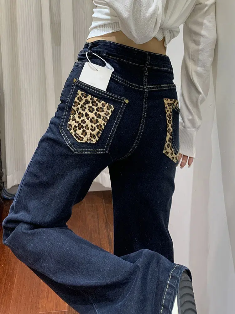 

Джинсы в американском стиле, ретро, с леопардовым принтом, с карманами и вставками, весенние, новые, повседневные, женские, с легким расклешением