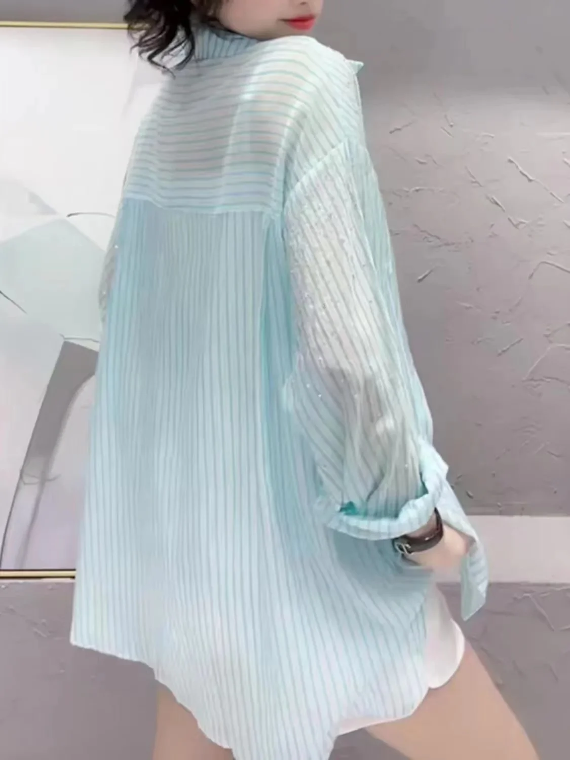 

Blue Long Sve Sun Protection irt Women's Loose Thin Drillaged Summer Faionable Ne Button down Polyester Blend