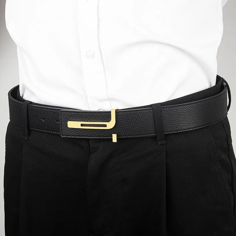 High-end T letter men's belt genuine leather first layer cowhide inner wear smooth buckle formal youth trend men's belt