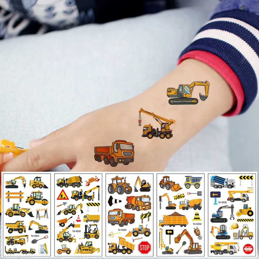 

10 Sheets Children Cartoon Fake Tattoo for Kids Engineering Vehicle Excavator Tattoo Stickers Truck Waterproof Temporary Tattoos
