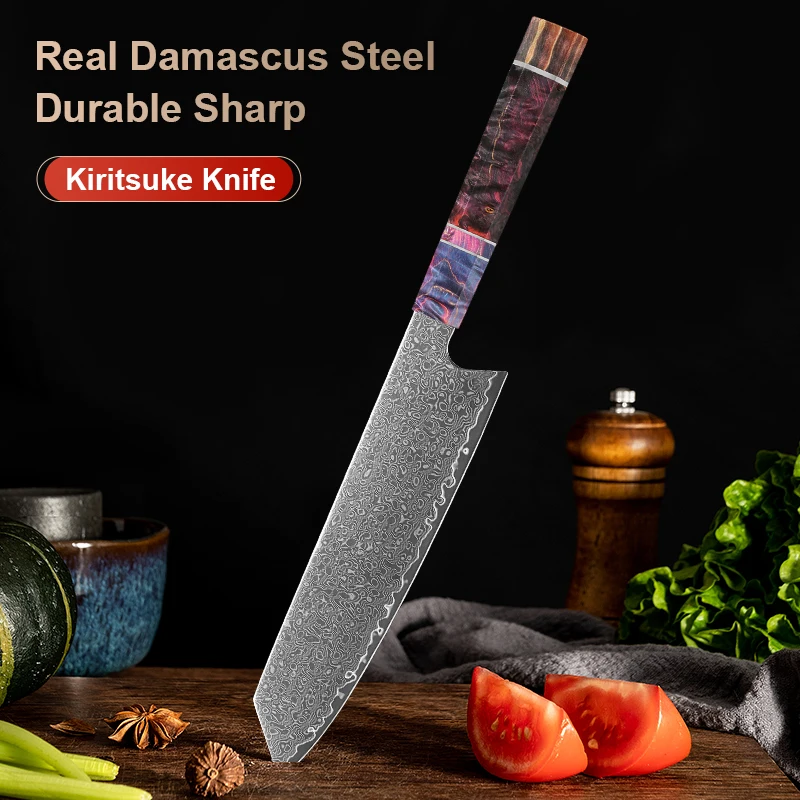 8 Inch Japanese Kitchen Kiritsuke Knife 67 Layer Damascus Steel Vg10 Core Forged Knife Stabilized Colored Wood Handle