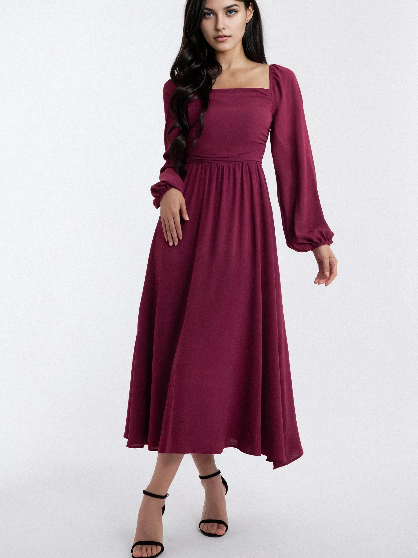 Ladies Wine Red Square Collar Lantern Sleeve Waist-Cinched A-Line Midi Dress Vintage Spring Long Dress