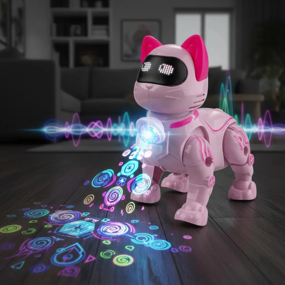 Walking Singing Pet Toy with Lights Music Children's Electric Robot Cat with Leash Interactive Plush Kitten for Kids Gift