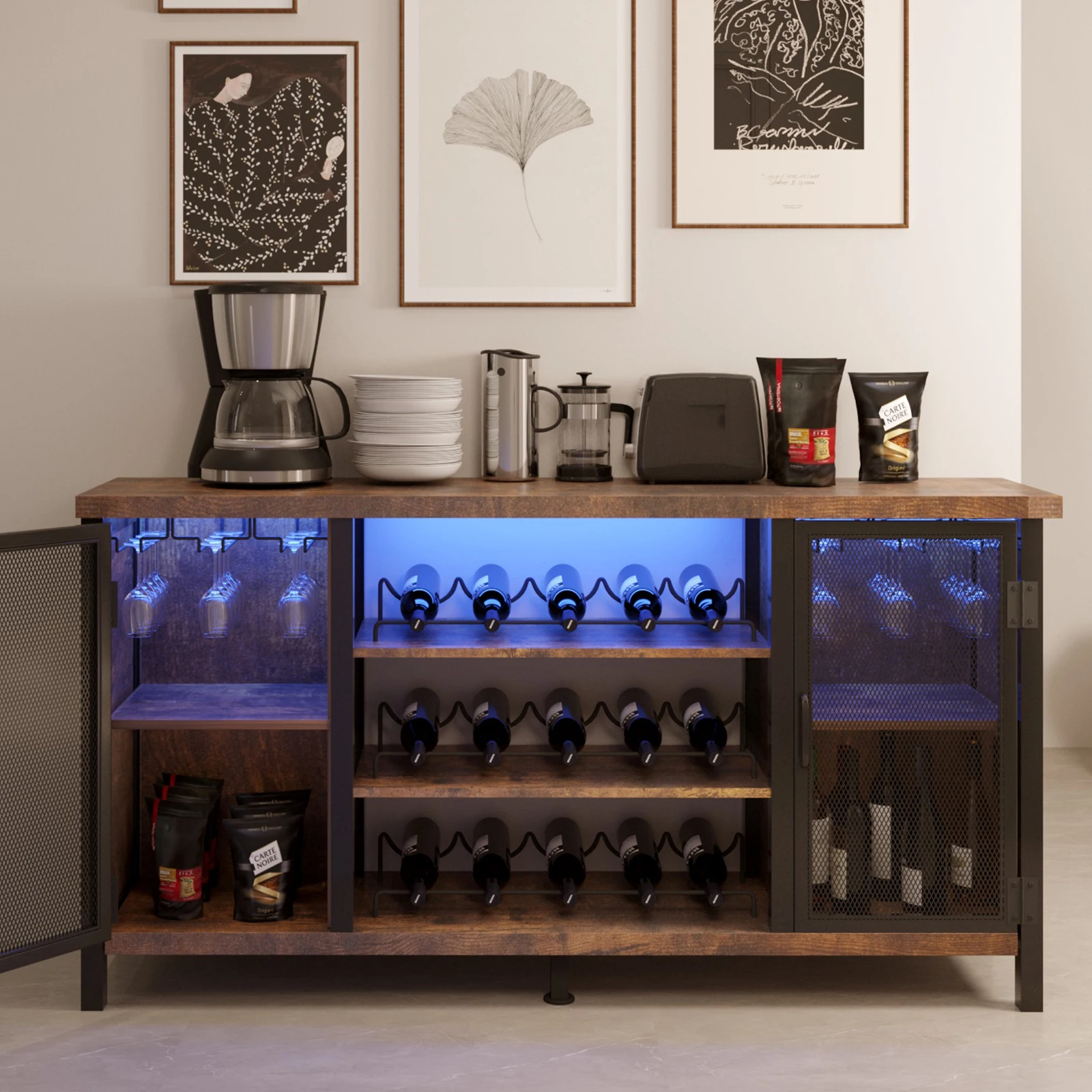 Gabinete de bar de vino LED para el hogar, barra de café de granja con 2 puertas con bisagras, mesa de bar ajustable de madera y acero con estante para botellas