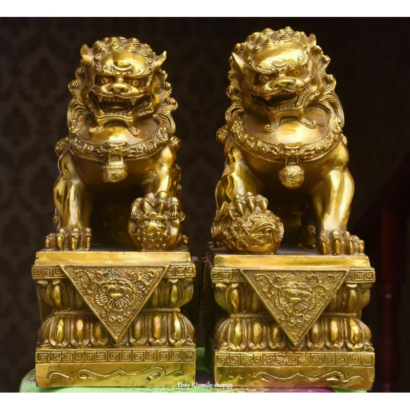 

12 "China бронзовая позолота Fengshui собака Фу Собака Guradion Львы Животные Статуя Пара