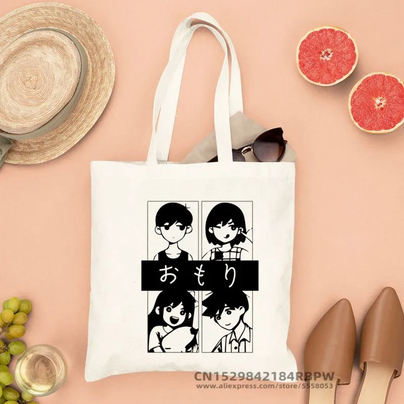 Omori jogo das senhoras bolsas de pano lona anime gato neutro sacola de compras sacos de lona shopper saco de segurança reutilizável lona