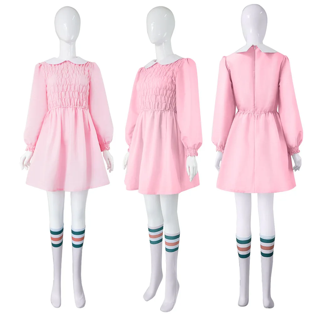 

Anime Stranger Season 4 Eleven Cosplay Costume Long Sleeve Pink Dress Outfits for Girls Role Play Halloween Carnival Suit