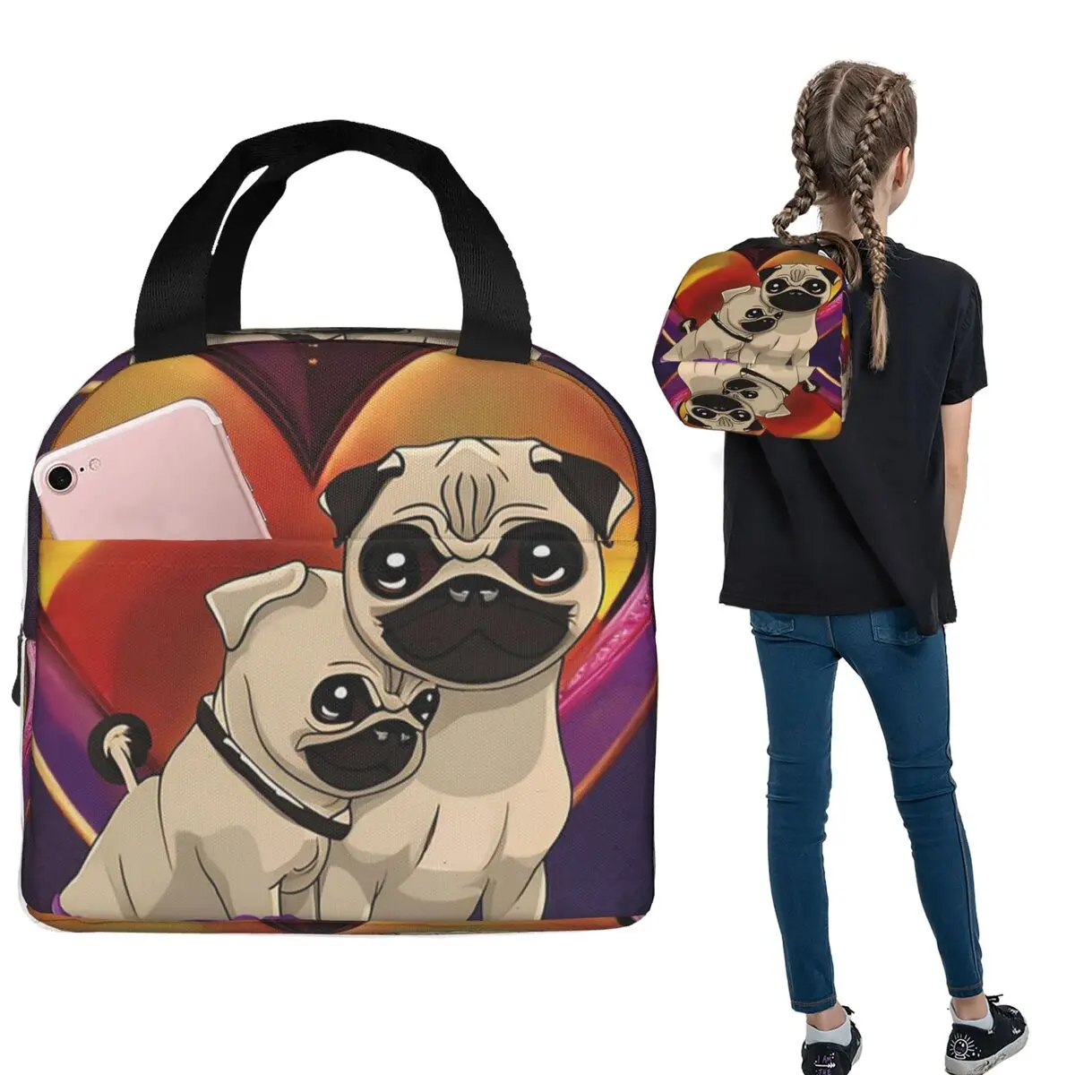 Two Pug Dog And Hearts In Love Insulated Lunch Bag for Women Kids Portable Food Boxes Thermal Lunch Box Tote