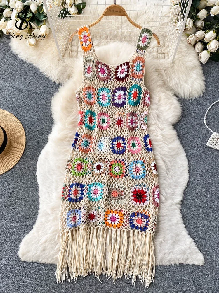 

2024 Summer Girls Knitted Dress Crocheted Floral Cutout Fringe Slim Fit Street Wear Original Design Fashion Retro Dress