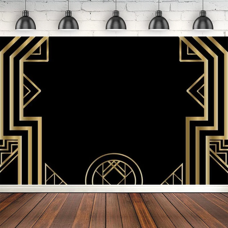 Photography Backdrop Black And Gold Golden Abstract Geometric Ornament Modern Style Background Luxurious Birthday Wedding Party