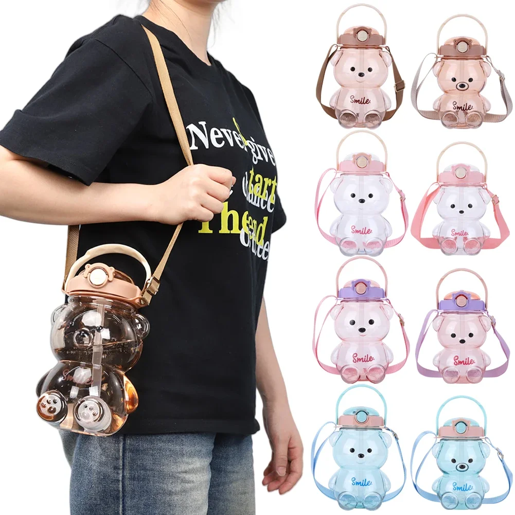 

1000/1400ml Bear Water Bottle with Shoulder Strap Straw Sports Water Jug Leak-Proof Travel Straw Cup for Boys Girls Daily Use