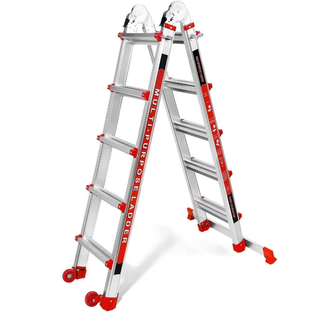 Ladder 17FT, A Frame 5 Step Telescoping Ladder with Stabilizer Bar & Wheels, Heavy Duty 330lbs Max Capacity,Collapsible Multi