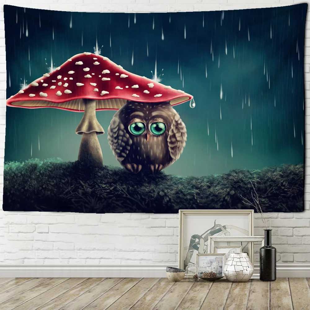 Cute Owl Tapestry Wall Hanging An Owl Sheltering From the Rain Under Mushrooms Art Mystic Kawaii Room Decor Room Background