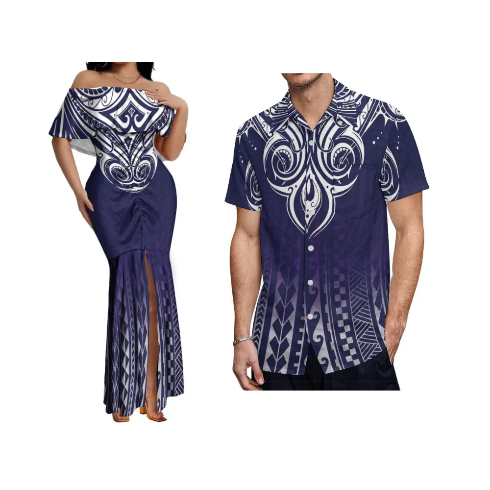 2026 Summer New Customizable Polynesian Style Couple Outfit - Ruffled Sleeveless Women'S Fish Tail Dress - Men'S Casual Shirt