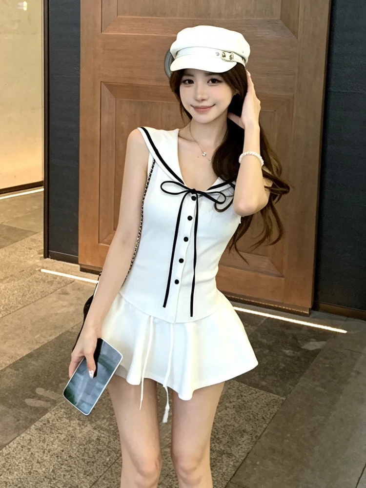 Sweet Retro Color Block V Neck Sleeveless Knitted Vest And a Line Skirt Set Youthful Style Summer Fashion for Teen Girls
