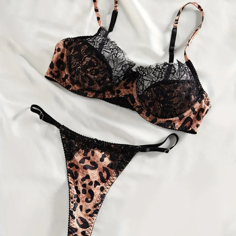 Bikini francese patchwork di pizzo stampa leopardata lingerie sexy set di due pezzi set di reggiseno tentazione sexy stampato semitrasparente