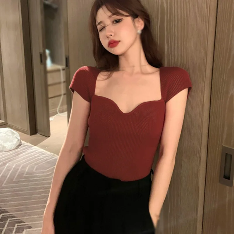 Knitted Short Sleeve T-Shirt Women Solid Color Square Collar Slim Fitting Sexy Crop Top Hot Girl Streetwear Sweet And Spicy