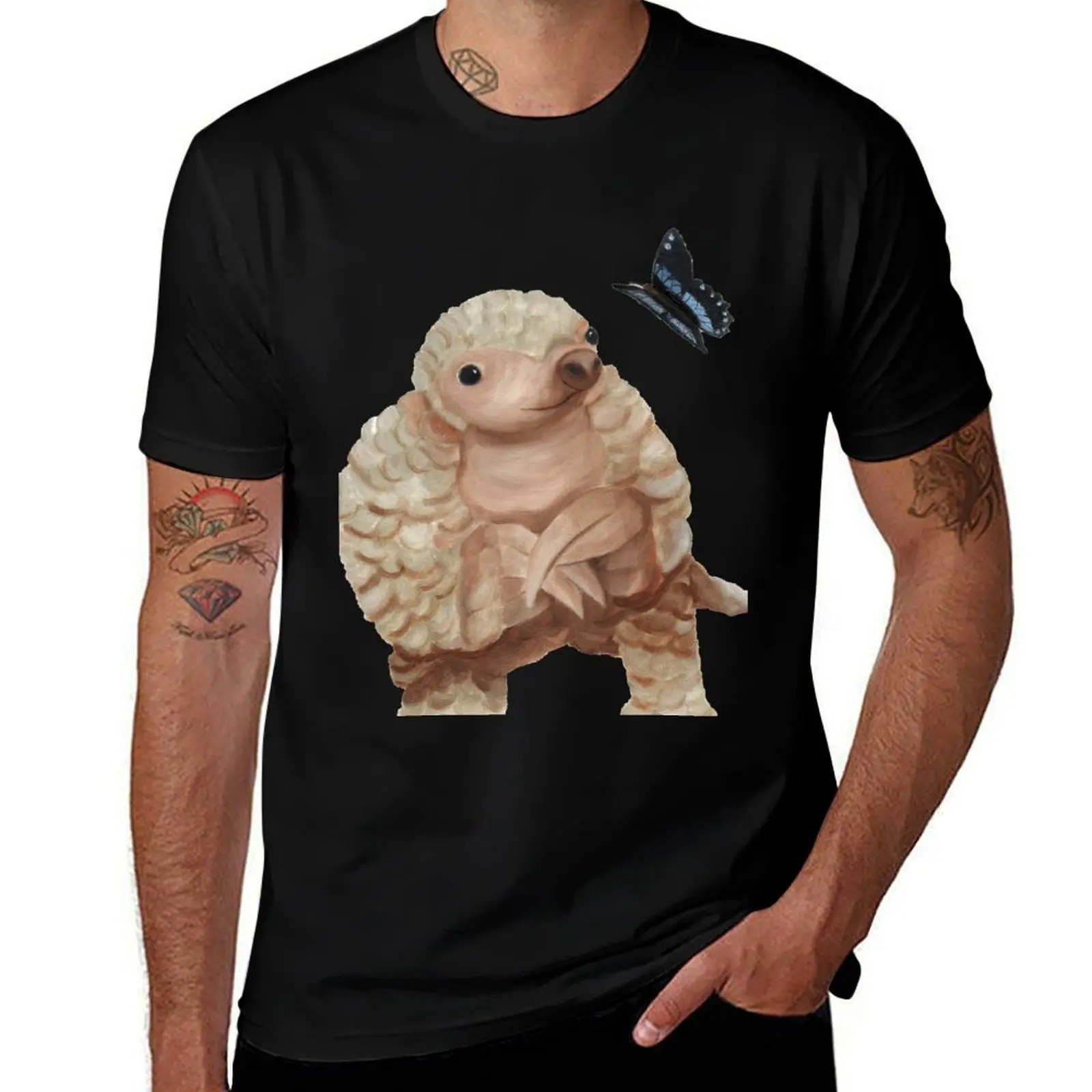 Pangolin and Butterfly - Cute Oil Painting T-Shirt Big and Tall Gym T-Shirt