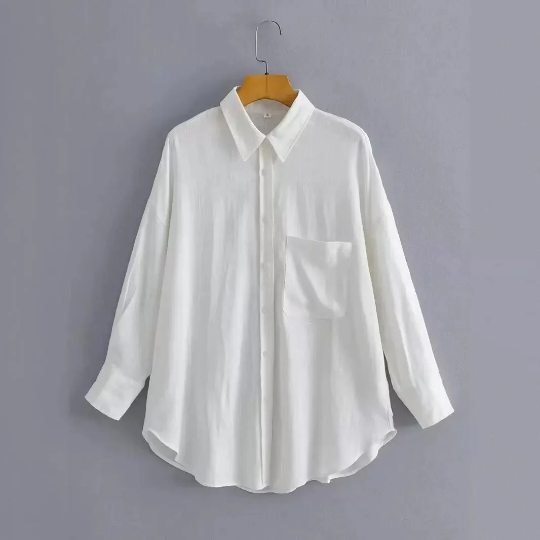 

Spring Summer Women's Pure Color Linen Shirt Commute Style Loose Fit Long Sleeve Business Casual Shirt from China