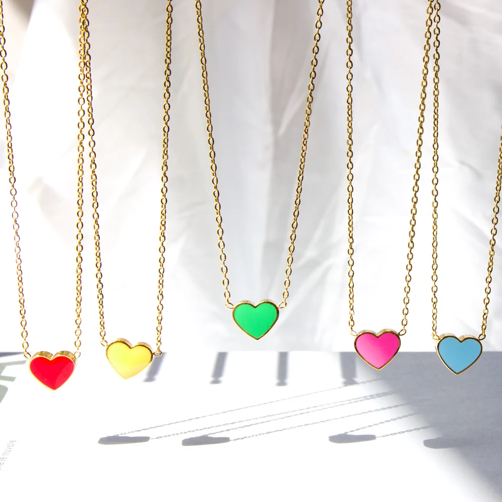 LUXUSTEEL Fashion Oil Drip Pink Red Colorful Love Heart Pendant Necklace For Women Girls Stainless Steel Rolo Chain Choker BFF