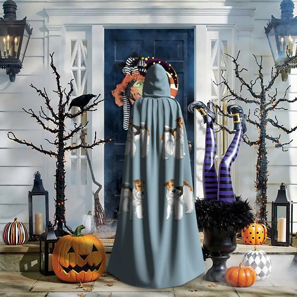 

Retro Wire Haired Fox Terrier Design Long Hooded Cloak Witch Medieval Costume Cosplay Cape HalloweenParty Adult Unisex