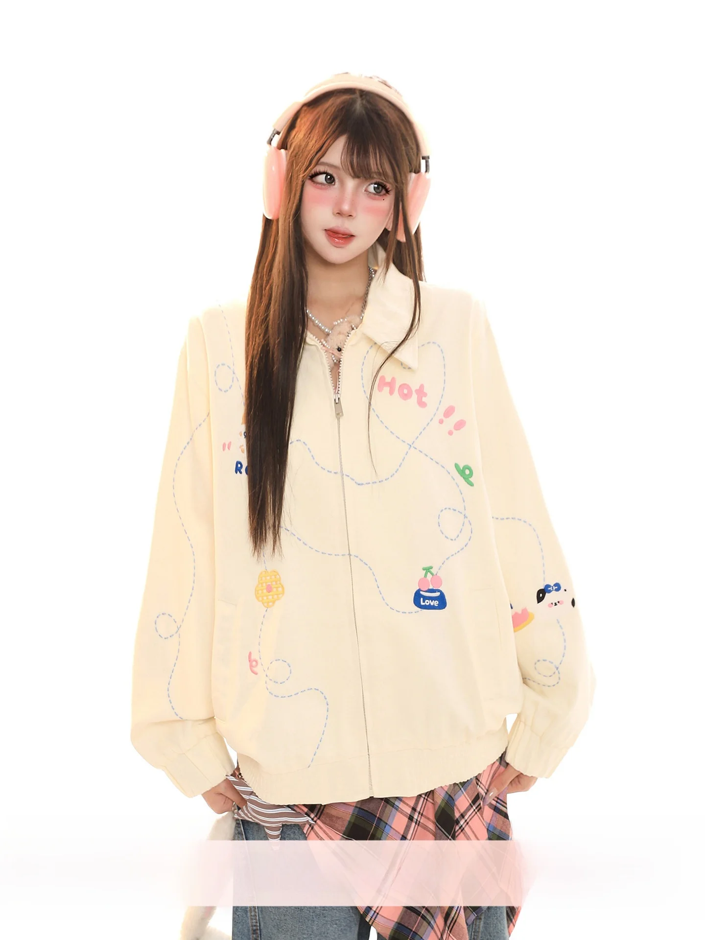 

Женский весенний кардиган с отложным воротником и милым мультяшным принтом, в корейском стиле, свободный, повседневный, универсальный, на молнии