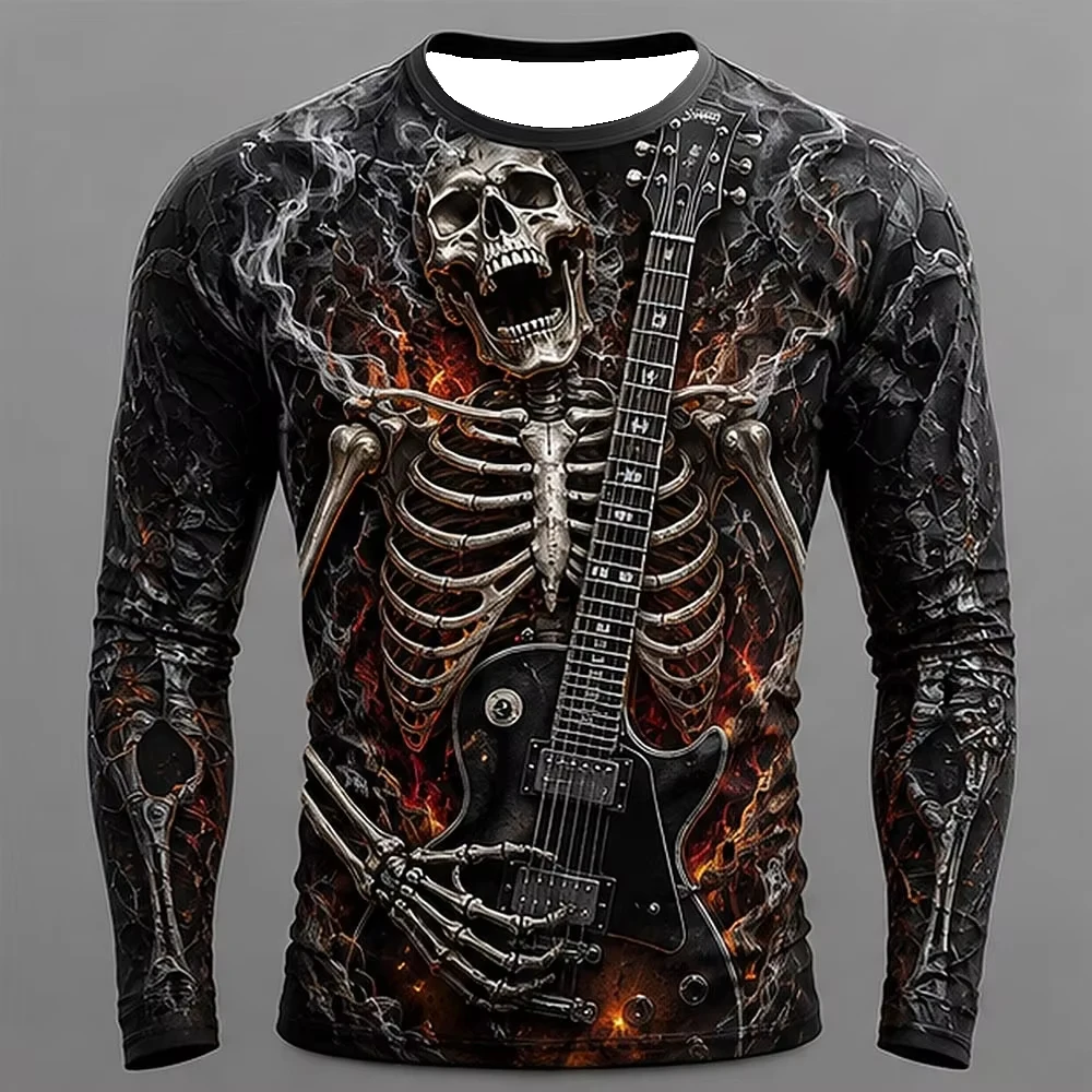 Vintage Skeleton Playing Guitar Rock Art Print Long Sleeve T Shirt Heavy Metal Rock Party Casual Family Matching Outfit Top