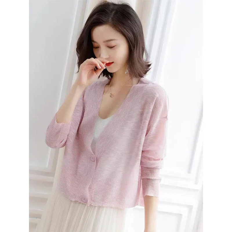 Women\'s Clothing Basic Solid Elegant V-neck Thin Knitted Cardigan Spring Autumn Casual Loose Soft Short Sweater Office Lady Top