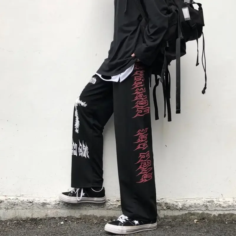 INS Hose mit weitem Bein, Harajuku-Stil, kreativer japanischer Stil, explosive Straße, dunkles Kreuz, Graffiti, gerades Rohr, weites Bein, Schutzhose