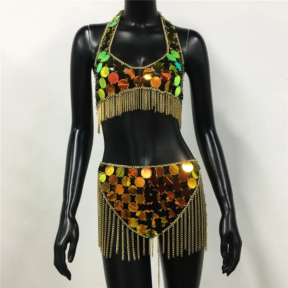 Sequins Festival Rave Outfits Women 2 Piece Set Metallic Halter Tank Top See Through Fringe Mini Skirt Tassel Beach Body Chain