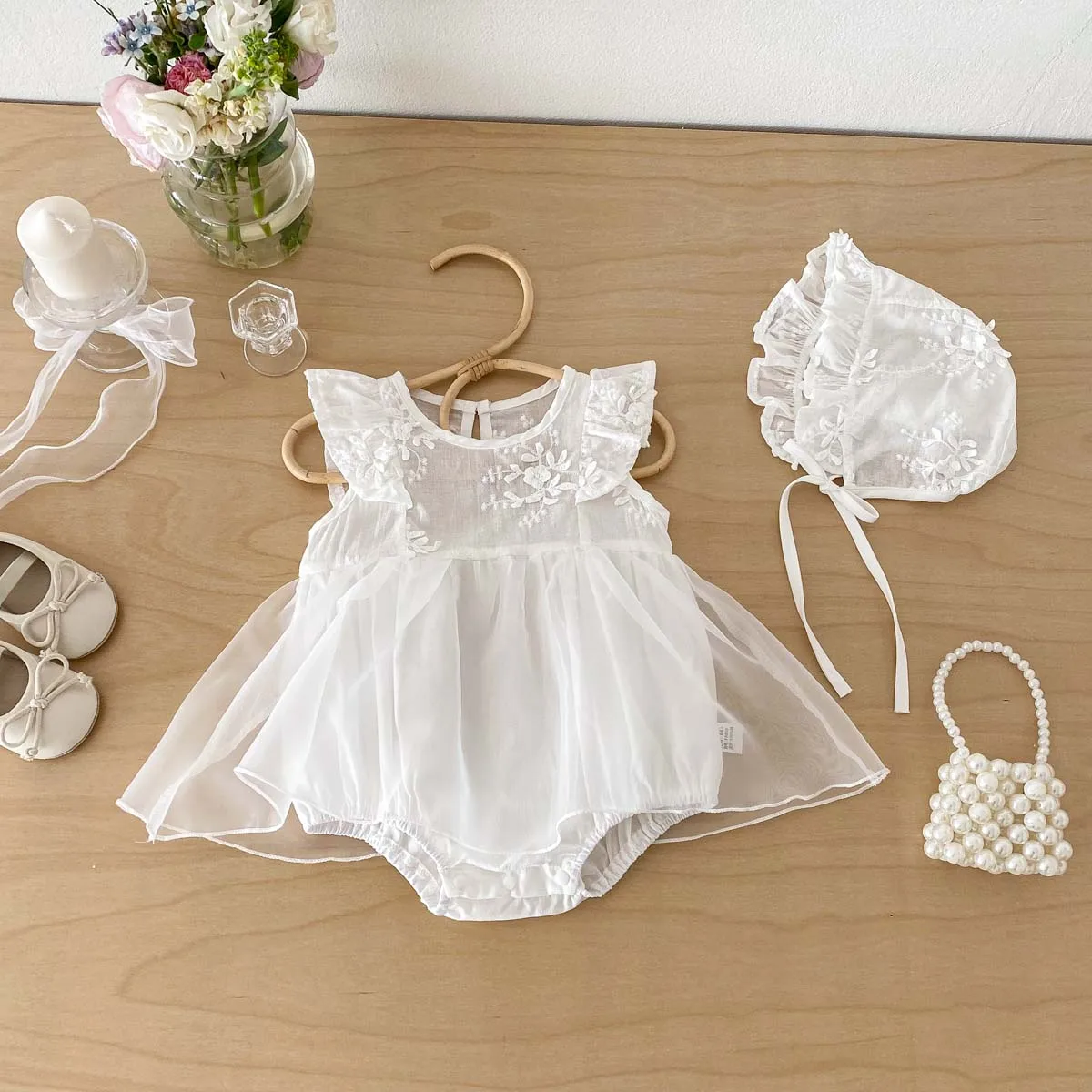 Summer Baby Girl Fashion Embroidered Flower Flying Sleeve Mesh Dress, Baby Girl Cute White Mesh Dress Hat, Ideal for Outdoor Wear