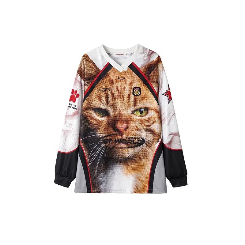 Karrram Japanese Y2k Kitten Print Jersey T-shirt Vintage Harajuku V-neck Long Sleeve Cat Tops American Retro Streetwear 2000s